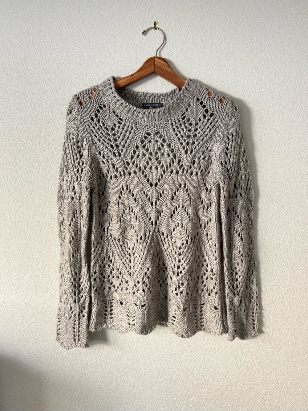 Chelsea & Theodore Grey Open Knit Crochet Pointelle Sweater Boho Size M